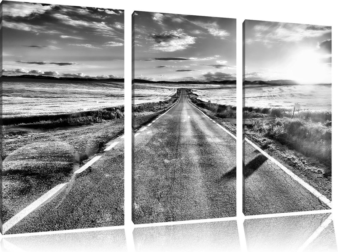Pixxprint Feldweg im Sonnenschein als Leinwandbild/Grösse: 3 Teilig (120x80) cm/Wandbild/Kunstdruck/
