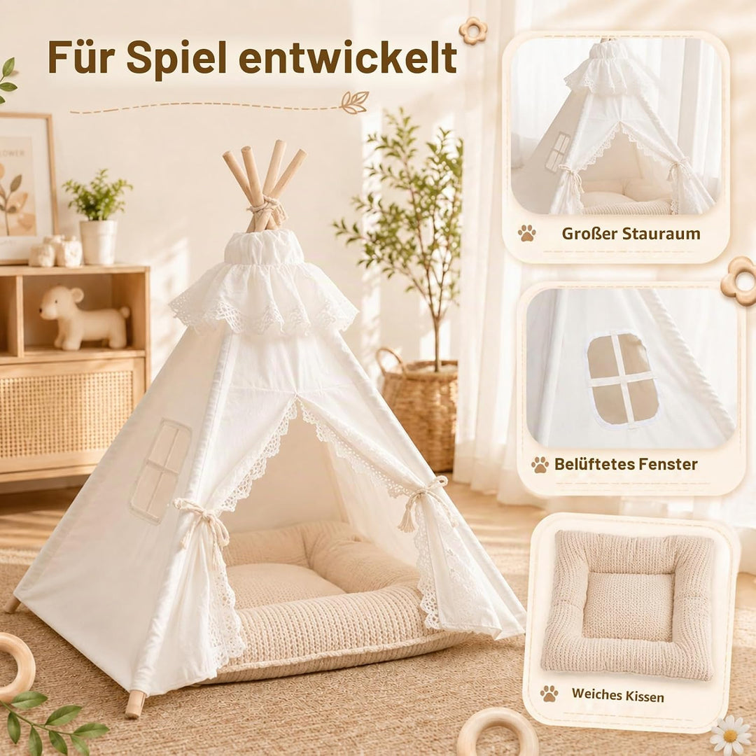 Tipi Zelt für Hunde und Katzen 40x40x50cm, 5-Eckiges Kiefernholz Haustierzelt mit Doppelseitigem Kis