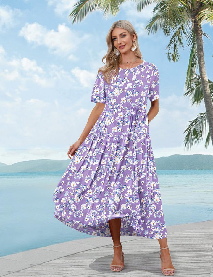 YESNO Damen Kleider Freizeit Lose Sommerkleid Lang Boho Maxikleid für Rundhals Strandkleid Blumenkle