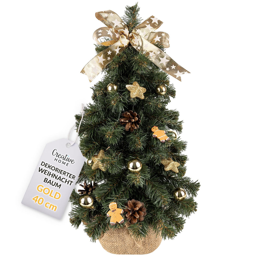 Creative Home Weihnachtsbaum Geschmückt Gold | Höhe 40 cm | Künstlicher Weihnachtsbaum klein Tannenb