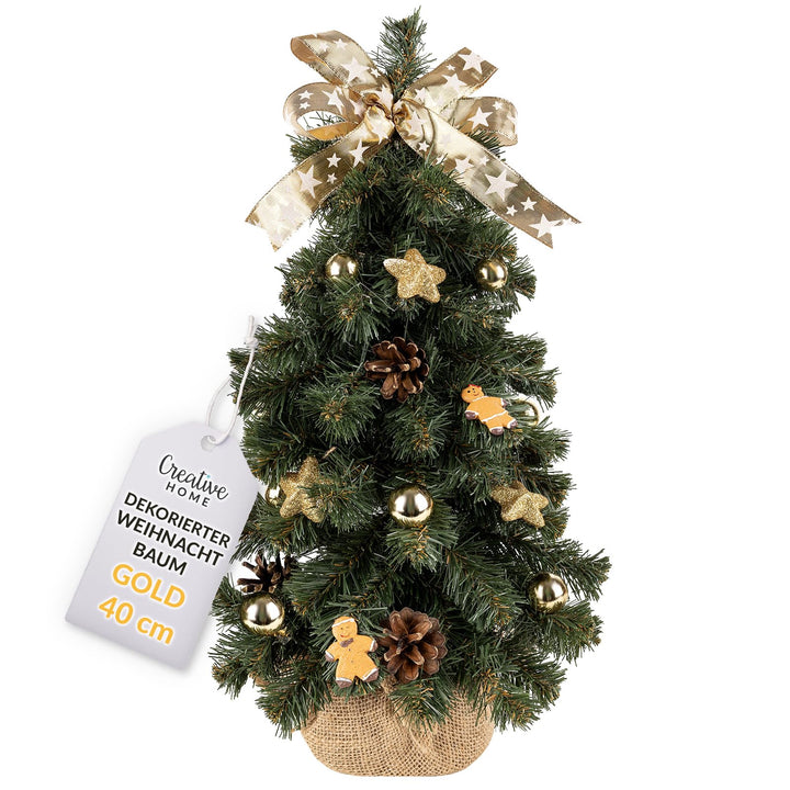 Creative Home Weihnachtsbaum Geschmückt Gold | Höhe 40 cm | Künstlicher Weihnachtsbaum klein Tannenb