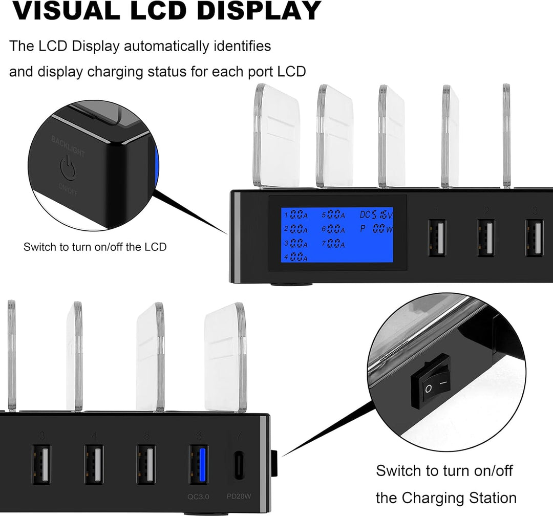 ideallife Ladestation für mehrere Geräte für 7 Anschlüsse, schnelles USB-Ladegerät mit Typ C PD20W Q