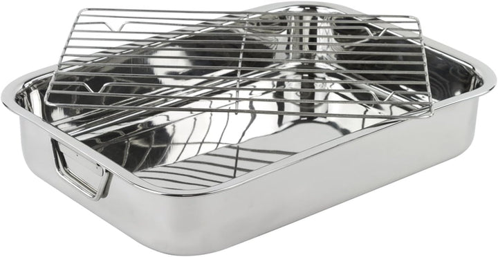 MGE Edelstahl Auflaufform 40,3 × 28 cm mit Grillrost und klappbaren Griffen - Grosser Bräter bis 230