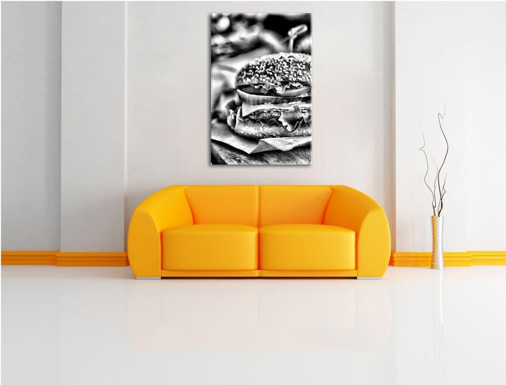 Pixxprint Monocrome, Leckerer Burger und Pommes, Format: 100x70 auf Leinwand, riesige Bilder fertig