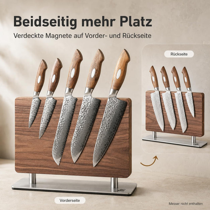 zayiko Premium Doppelseitiger Magnet-Messerhalter aus Walnussholz I Elegante Aufbewahrung für Ihre K