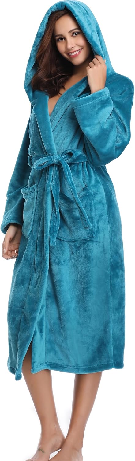 Vlazom Winter Bademantel weicher Flanell Bademantel Damen Saunamantel mit Kapuze flauschiger Morgenm