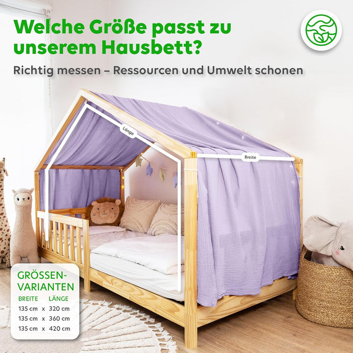 Hausbett Himmel [in 12 Farben] Betthimmel Hausbett aus 100% Baumwolle Musselin - Stoffhimmel für Hau