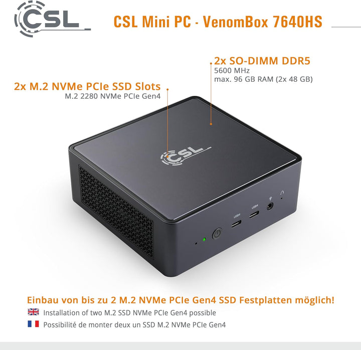 Mini PC CSL VenomBox 7640HS Windows 11 Pro, AMD Ryzen 5 7640HS 6X 4300 MHz, 2000 GB M.2 SSD, 96 GB D