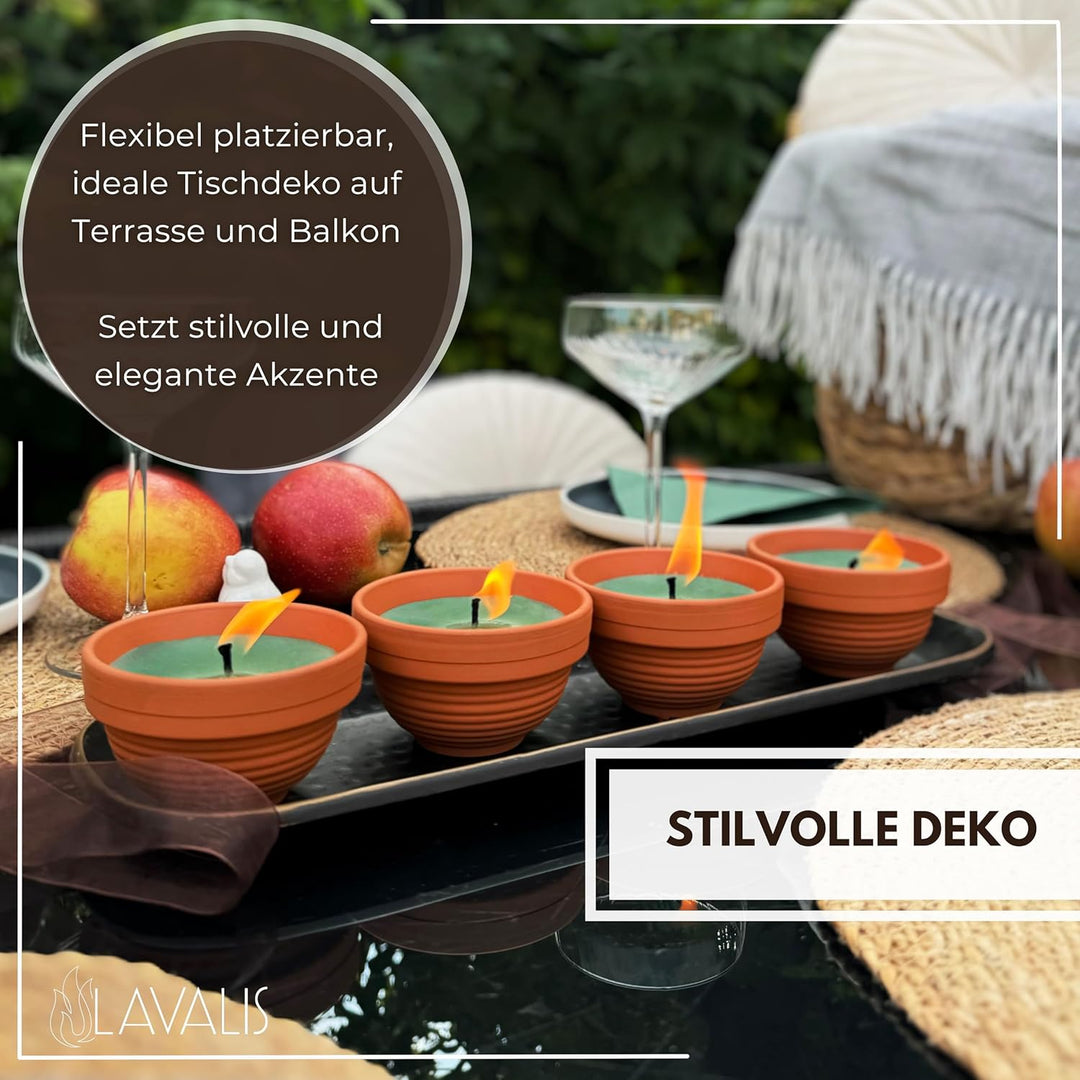 Lavalis 4x kleine Outdoor Kerzen, handbefüllte Terrakotta Kerzen aus recyceltem Wachs, 15h Brenndaue