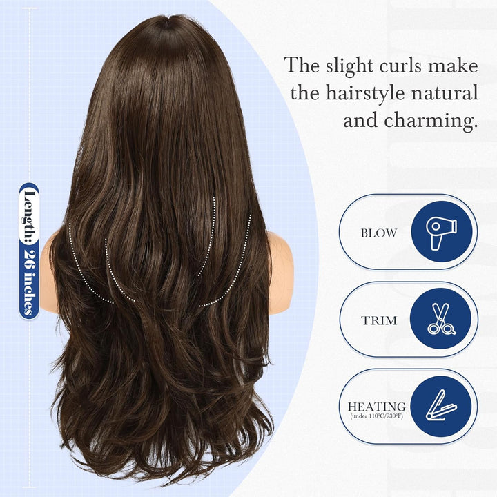 HAIRCUBE Lange dunkelbraune Perücke mit Pony, geschichtete lockige Perücken für Frauen, natürliche s