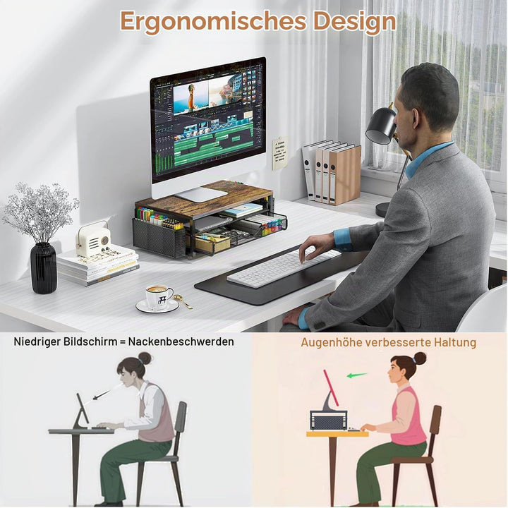 Monitorständer mit Schublade, Schreibtischorganizer und Zubehör, 2-stufiger Computer Monitor Erhöhun