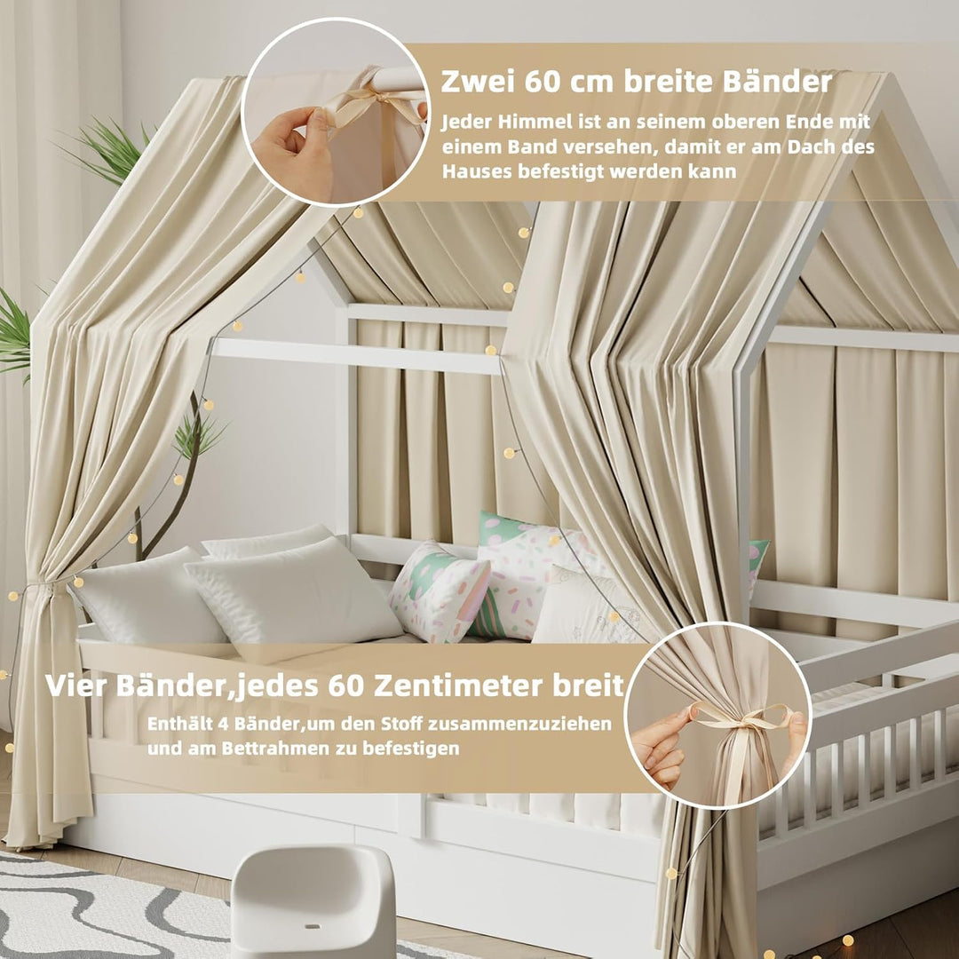 Hausbett Himmel mit Lichterkette 2 Stück Deko Baldachin Hausbett Vorhang,Betthimmel Musselin Stoffhi