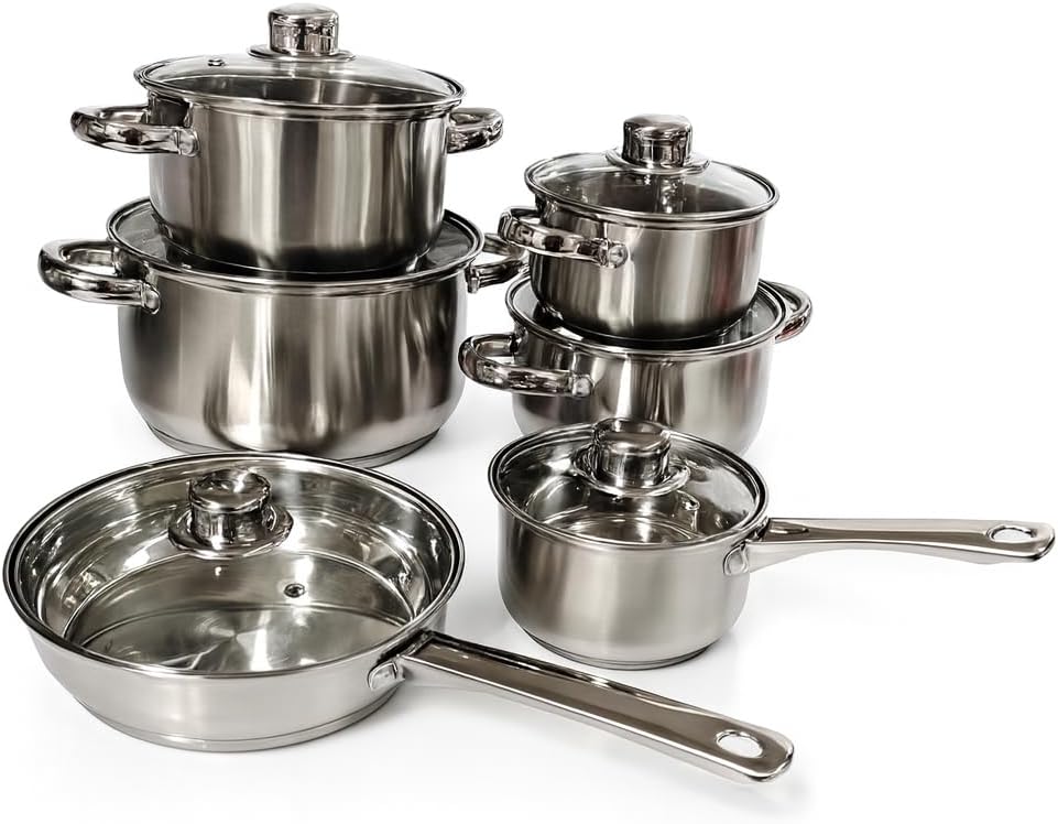 Edelstahl Topfset 12-teilig mit Glasdeckeln, induktionsgeeignet – stapelbares Kochtopf-Set mit Kapse
