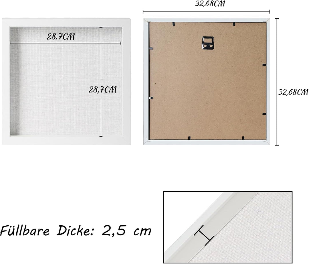 Muzilife 3D Bilderrahmen zum Befüllen mit Glasscheibe, 32x32 cm-Tiefer Holz Rahmen Weiss, Objektrahm