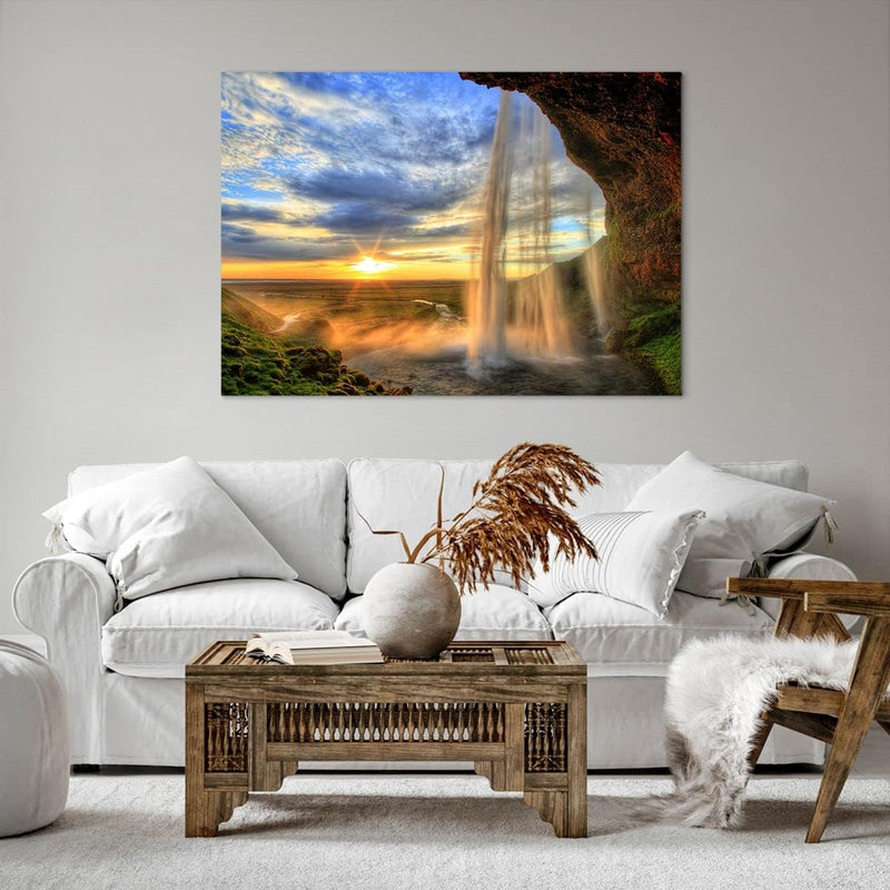 Bilder auf Leinwand 100x70cm Leinwandbild Wasserfall Natur Park Sonne Gross Wanddeko Bild Schlafzimm