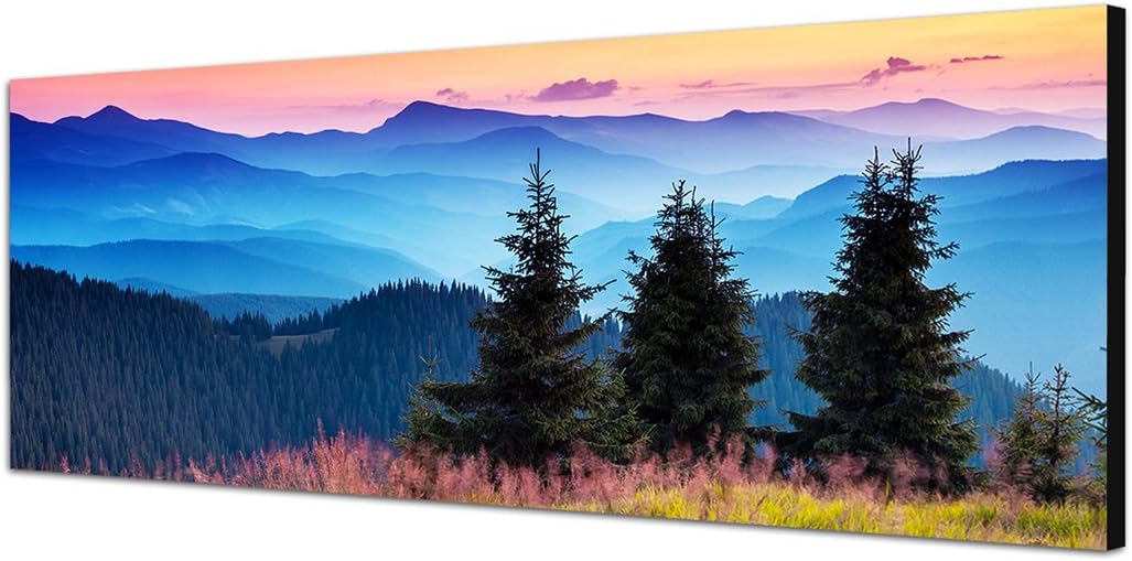 Paul Sinus Art Panoramabild auf Leinwand und Keilrahmen 150x50cm Ukraine Wald Wiese Dunst Sonnenaufg