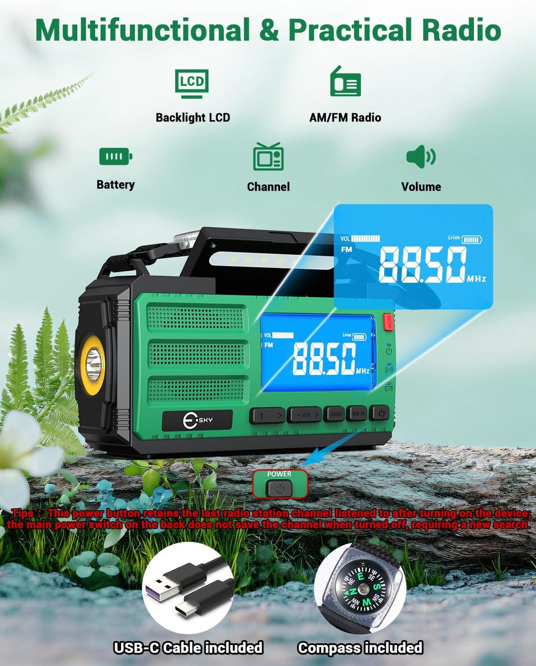 Esky Kurbelradio, AM/FM/NOAA 7 in 1 Notfallradio mit 10000mAh Akku Wiederaufladbare 3 Lademodi Tragb