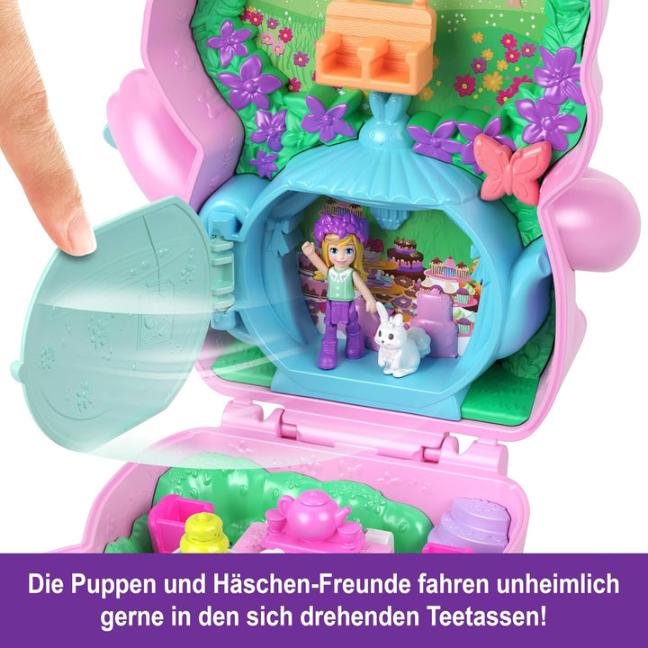 Polly Pocket Puppen und Spielset, Teeparty-Häschen-Schatulle, Spielzeug für unterwegs mit 1 kleinen