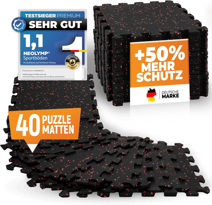 NEOLYMP Bodenschutzmatte Fitness 5 x 8 Stück (40 Matten), extra dicker und robuster Naturkautschuk -