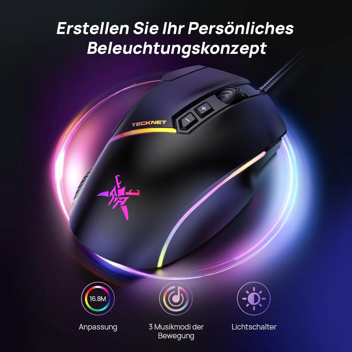 TECKNET Kabelgebundene Gaming Maus, Treibereinstellung 6 Stufen (12800-1200) DPI Mouse mit optischem