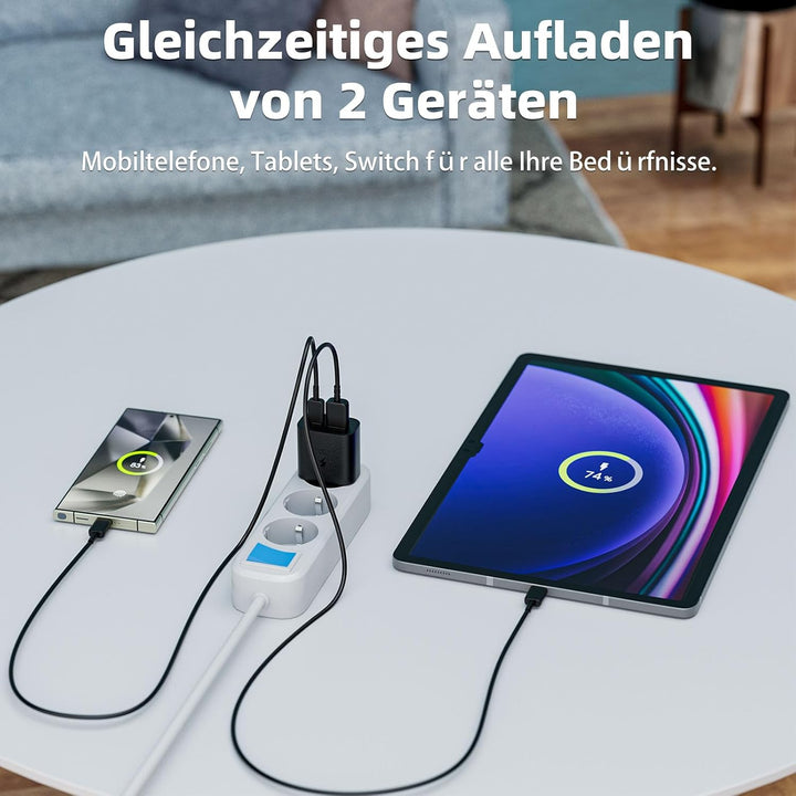 2er-Pack 25W USB C Ladegerät Super Fast Charger mit 2M Typ C Ladekabel, 2-Port USB-A&amp;USB-C Handy Net