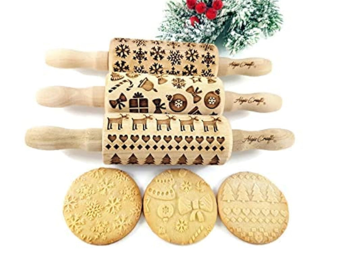 Kinder Nudelholz mit Muster Weihnachten Backen 3-er SET - Teigroller Holz für DIY Weihnachten Plätzc