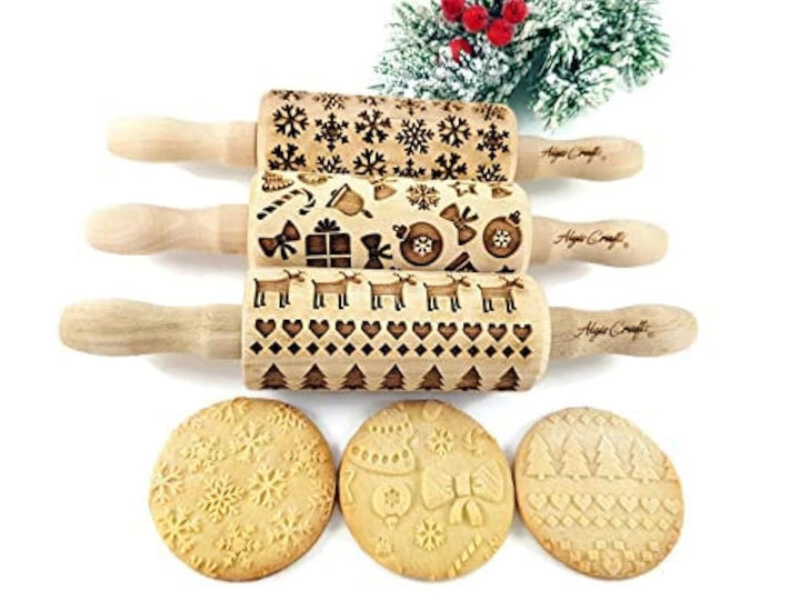Kinder Nudelholz mit Muster Weihnachten Backen 3-er SET - Teigroller Holz für DIY Weihnachten Plätzc