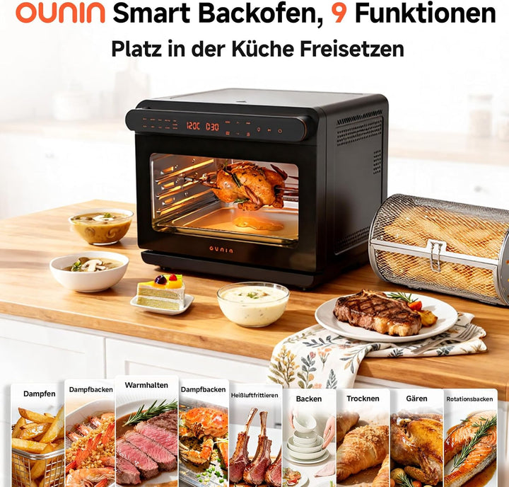 OUNIN 24L Vielseitig Airfryer Backofen, 11-in-1-Heissluftfritteuse, Zweizonen-Kochung, Minibackofen