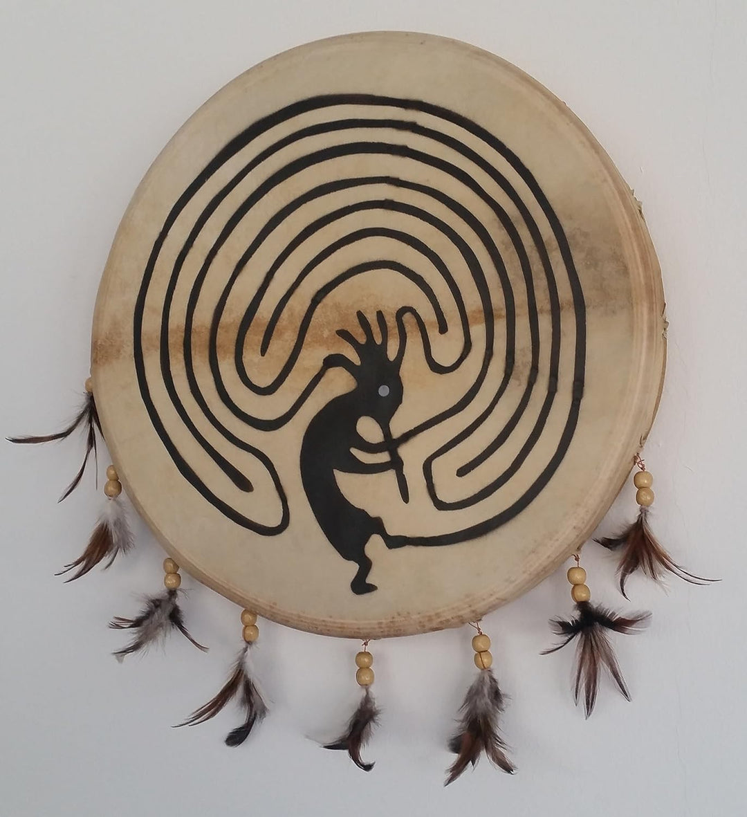 Schamanentrommel Bemalt Ø 30 cm Rund Indianer Federn Shaman Drum Goat Skin inkl. Stick