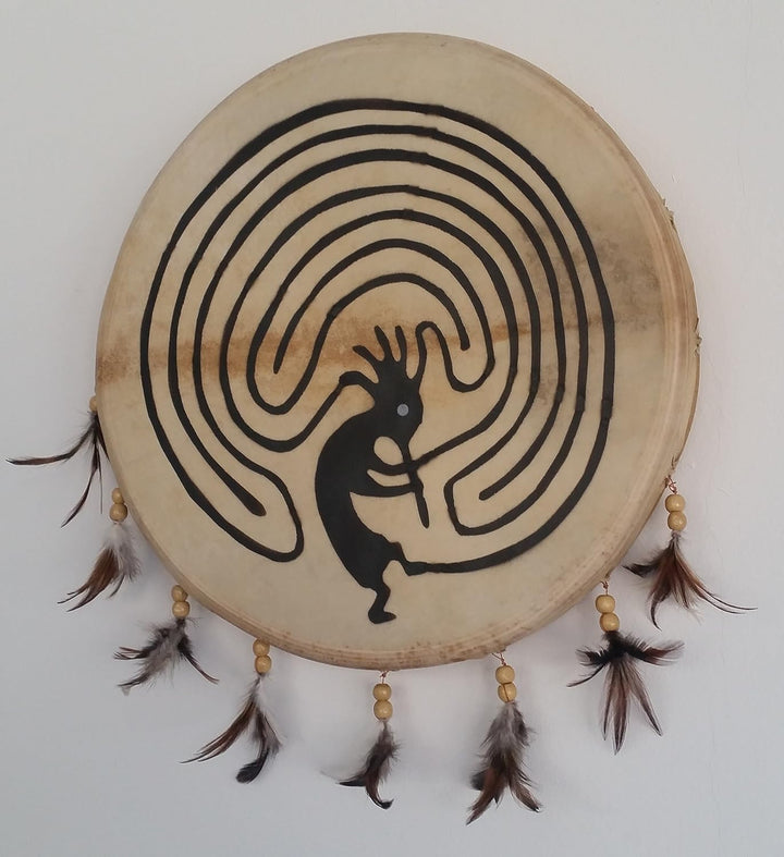 Schamanentrommel Bemalt Ø 30 cm Rund Indianer Federn Shaman Drum Goat Skin inkl. Stick