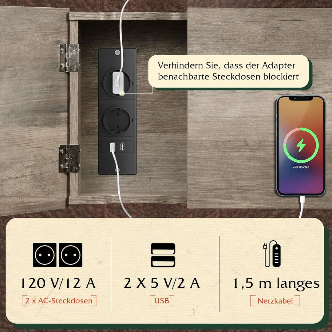WLIVE Beistelltisch mit Steckdose, 3 Etagen Nachttisch mit Stauraum, 2 AC-Anschlüsse, 2 USB-Anschlüs