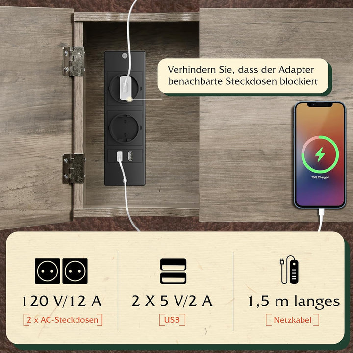 WLIVE Beistelltisch mit Steckdose, 3 Etagen Nachttisch mit Stauraum, 2 AC-Anschlüsse, 2 USB-Anschlüs