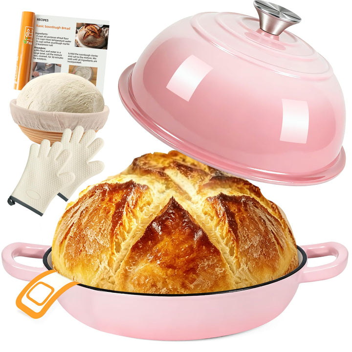 Gusseisen Topf Brot Backen,5,7L Bräter Emaille Schmortopf mit Deckel und Griffen,26 cm Dutch Oven,Br