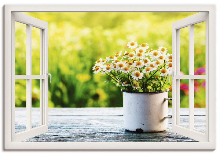 Artland Leinwandbild Wandbild Bild auf Leinwand 70x50 cm Wanddeko Fensterblick Fenster Botanik Blume