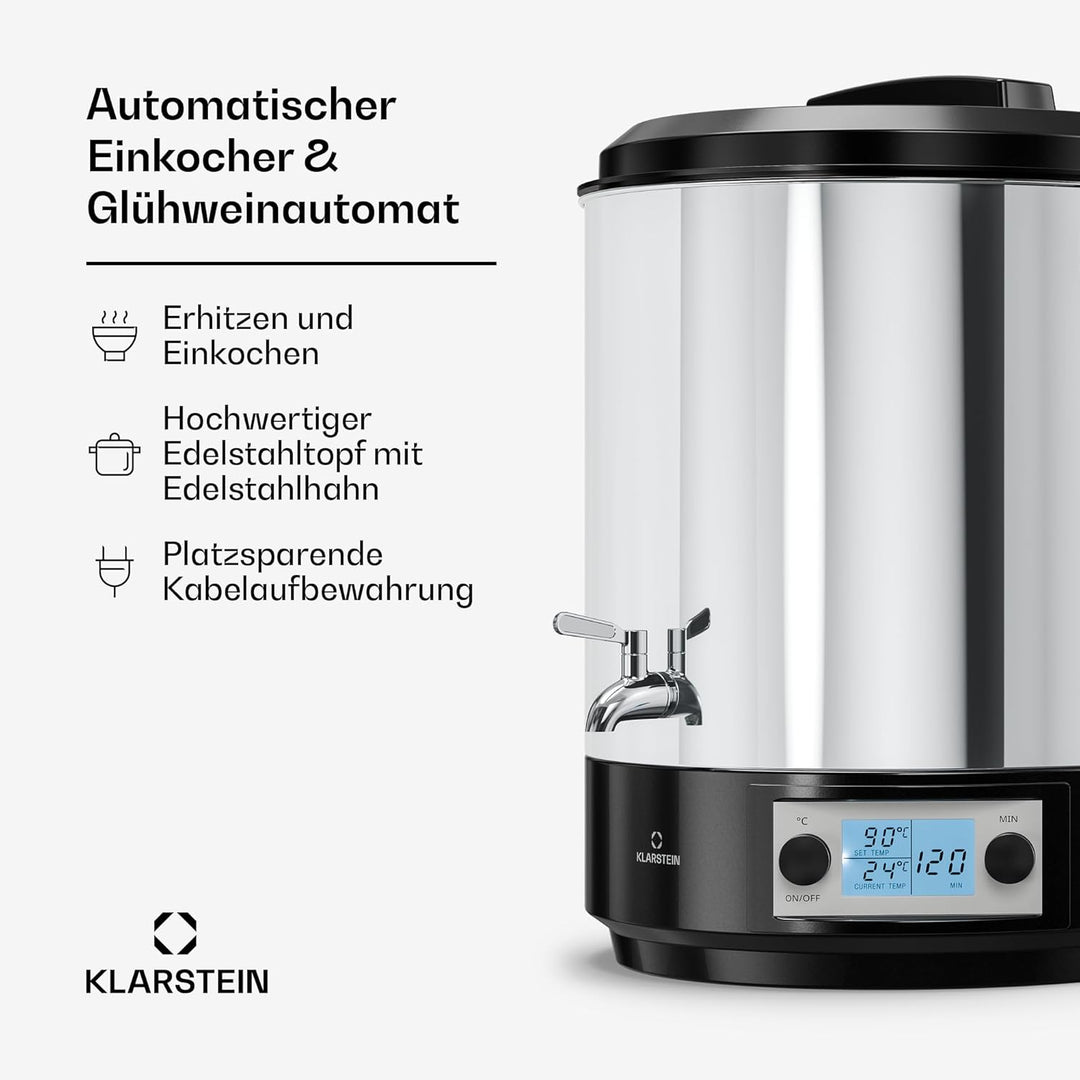 Klarstein Biggie Digitaler Einkochautomat, 25 L Edelstahl-Einkochtopf mit Edelstahlhahn & Timer, 200