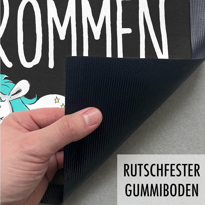 Trendation - Willkommen Fussmatte Einhorn Lustig Geschenk Frauen Fussmatte Innen und Aussen-Bereich