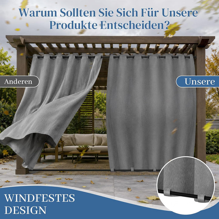Rosnek Outdoor Vorhang Wetterfest Extra Breit B254 x H274 cm, 100% Blickdicht Winddicht mit Ösen Obe