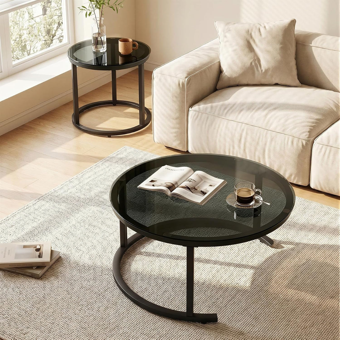 Hawthyhome 2 Stücke Beistelltisch Set rund, Couchtisch aus Glas mit Metallrahmen,Moderne Kaffeetisch