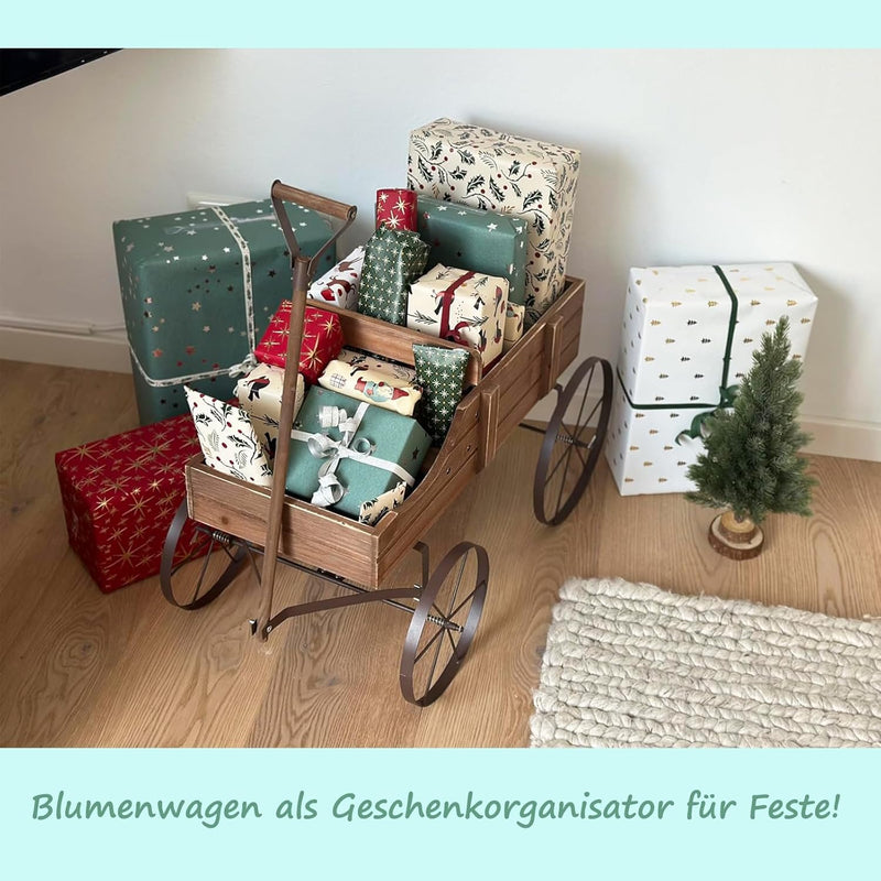 RELAX4LIFE Blumenständer mit 4 Rädern aus Metall, Pflanzwagen aus Massivholz, Holzwagen bis zu 15 kg