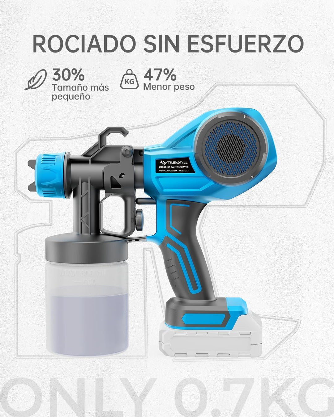 Tilswall Farbsprühsystem Alien500 Akku kabellos, für Makita 18V (ohne Akku) Hellblau 600 Milliliter,