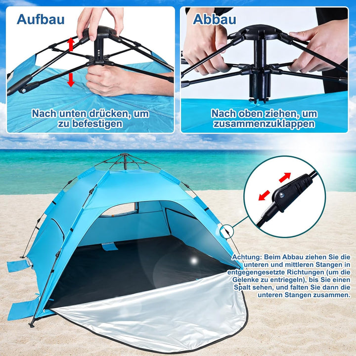 Strandzelt Strandmuschel Pop Up, UV Schutz 50+ Sonnenzelt mit Wasserdichter Strandmatte für 3-4 Pers