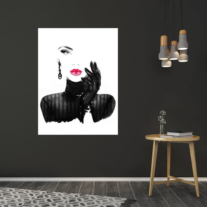 wandmotiv24 Poster als Wanddeko, Grösse 80x60cm, Model Gemälde, Rot, Fashion, Frau, Frauen Lippen, M
