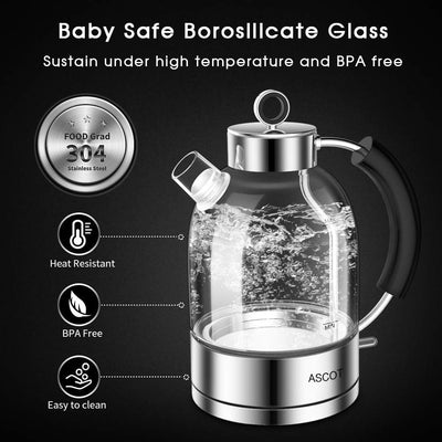 ASCOT Wasserkocher Glas, Elektrischer Wasserkocher Geschenke für Männer/Frauen/Familie 1,5L Schnellk