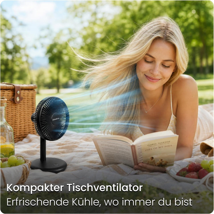 Tischventilator sehr leise - Akku USB Ventilator 4000mAh, Ø 16,5cm, bürstenloser 7-Flügel Mini Lüfte