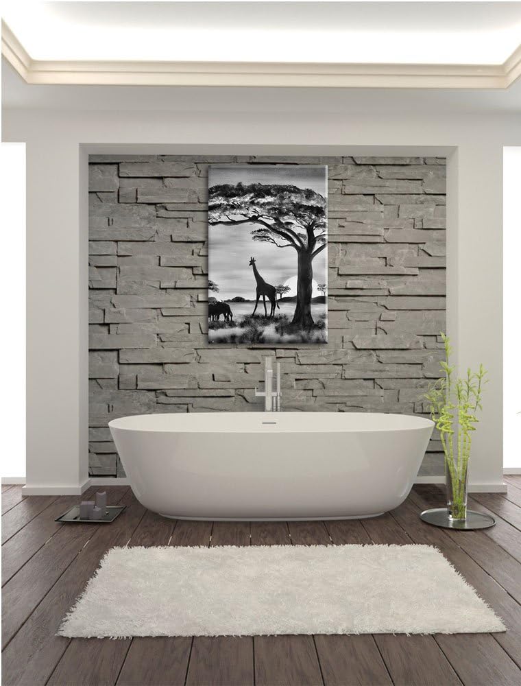 Pixxprint Monocrome, Savanne mit Wildtieren gemalt, Format: 100x70 auf Leinwand, 100x70