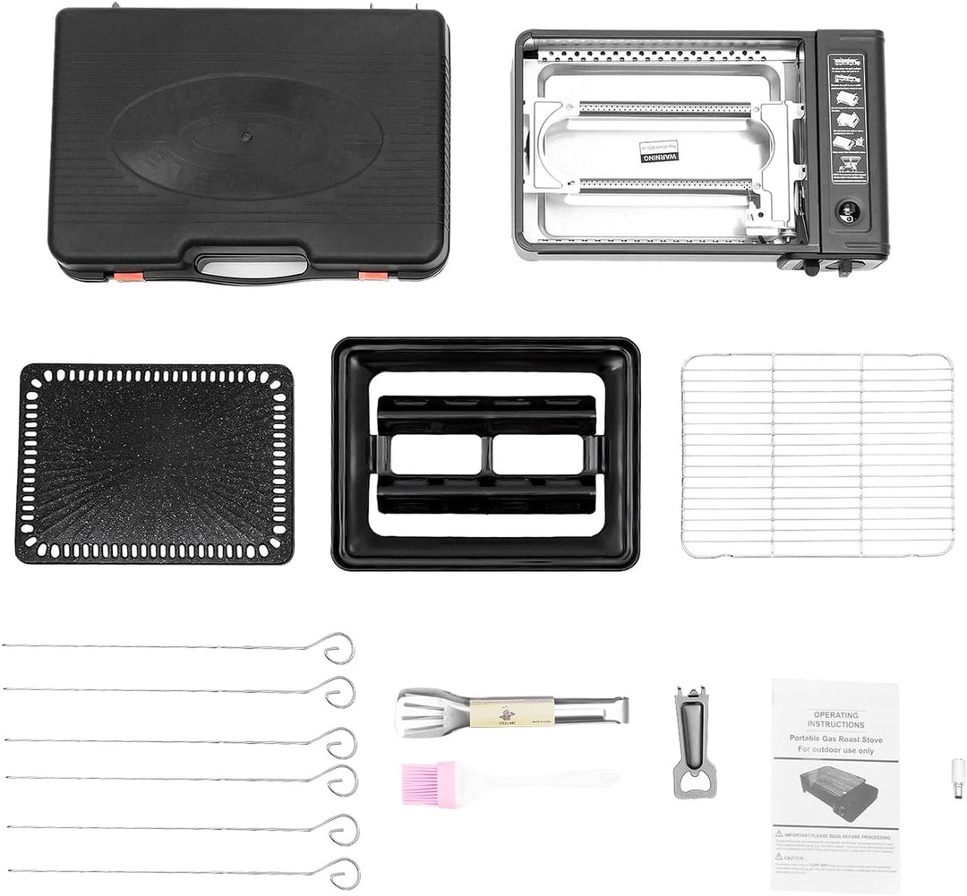 2-in-1 Tragbarer Camping Grill Gasherd, Tragbarer Butan Gasherd mit Grillzubehör Set, Gas Grill Herd