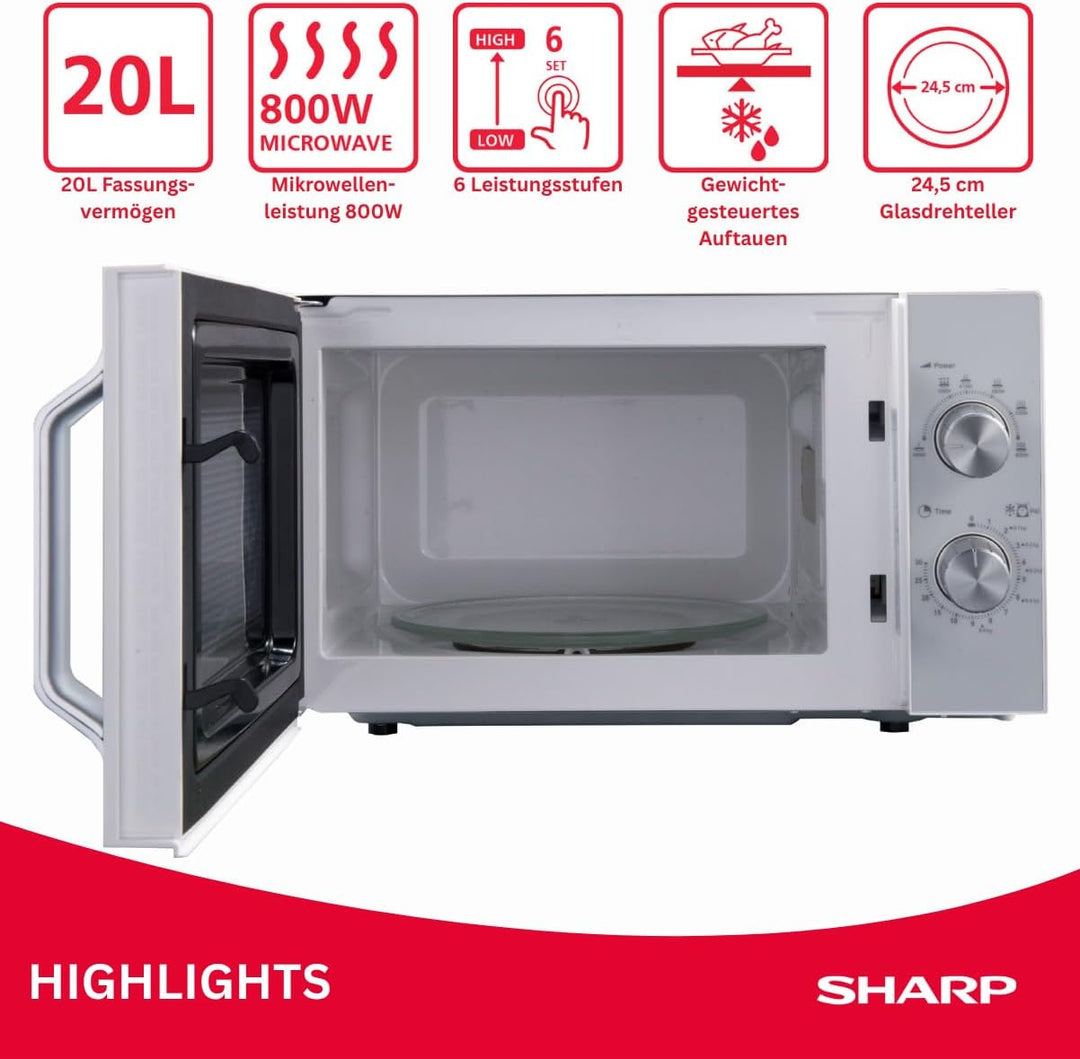 Sharp R204WA Solo-Mikrowelle,20 L,800 W,6 Leistungsstufen,Timer von 30 Minuten bis 00 Sekunden,Weiss