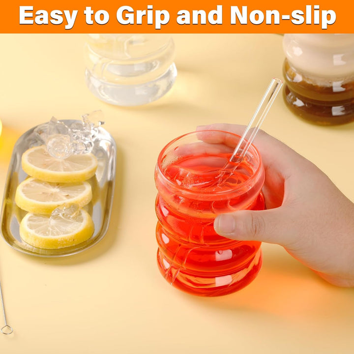 Withosent 300ml Bubble Gläser mit Strohhalm, 4er Gerippte Trinkgläser Set, Wave Gläser Tumbler Glasb