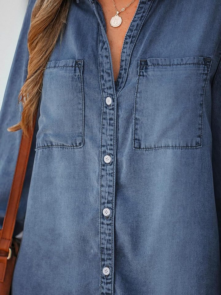 CUPSHE Damen Jeanshemd V Ausschnitt Knopfleiste Brusttaschen Asymmetrisch Jeansbluse Hemdblusen Deni