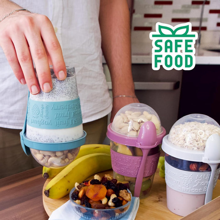 spar-home® 4er Set Joghurtbecher To Go 600ml –Müslibecher To Go mit Löffel Müsli To Go Becher mit De